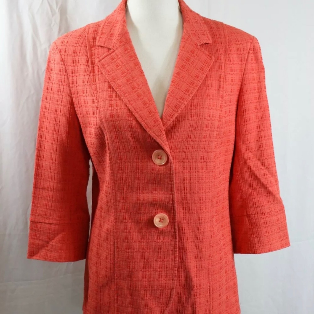 Lafayette 148 NY Women's Coral Orange Textured 3/4 Sleeve Blazer Jacket Size 10*
